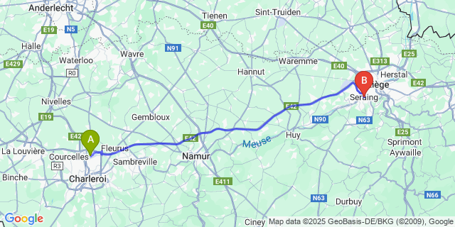 Map: Charleroi Airport Brussels South (CRL) to Seraing