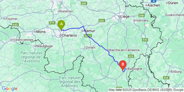 Map: Charleroi Airport Brussels South (CRL) to Sibret