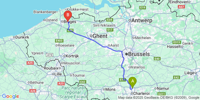 Map: Charleroi Airport Brussels South (CRL) to Sijsele