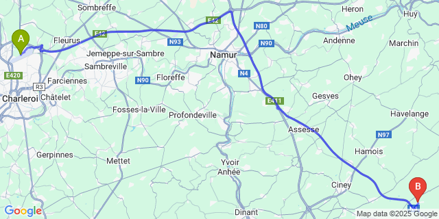 Map: Charleroi Airport Brussels South (CRL) to Sinsin