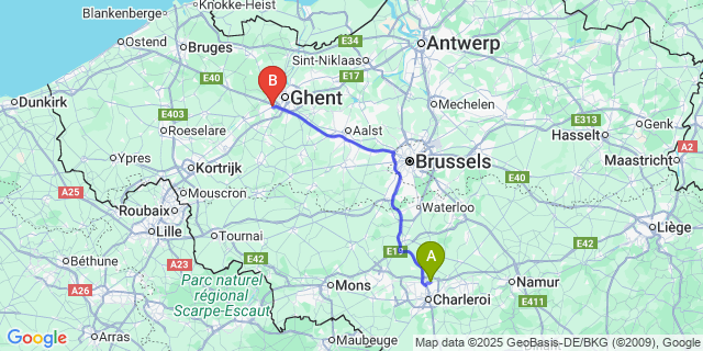 Map: Charleroi Airport Brussels South (CRL) to Sint-Denijs-Westrem
