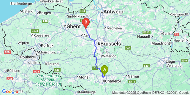 Map: Charleroi Airport Brussels South (CRL) to Sint-Gillis-Bij-Dendermonde