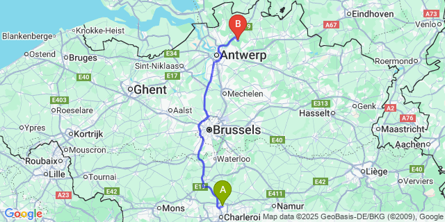 Map: Charleroi Airport Brussels South (CRL) to Sint-Job-In-T-Goor
