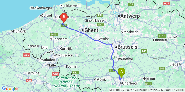 Map: Charleroi Airport Brussels South (CRL) to Sint-Joris (-Ten-Distel)