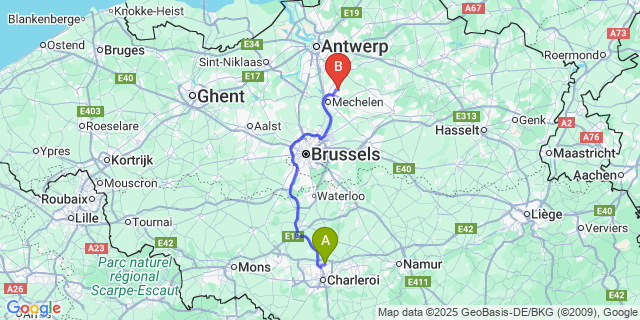 Map: Charleroi Airport Brussels South (CRL) to Sint-Katelijne-Waver