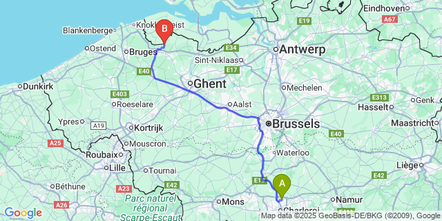 Map: Charleroi Airport Brussels South (CRL) to Sint-Laureins