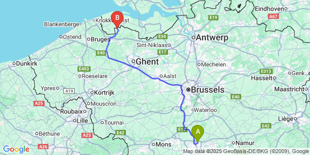 Map: Charleroi Airport Brussels South (CRL) to Sint-Margriete
