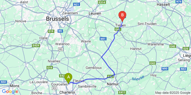 Map: Charleroi Airport Brussels South (CRL) to Sint-Margriete-Houtem