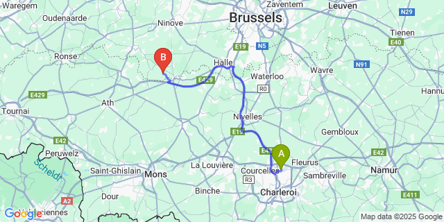 Map: Charleroi Airport Brussels South (CRL) to Sint-Pieters-Kapelle (Vlaams-Brabant)