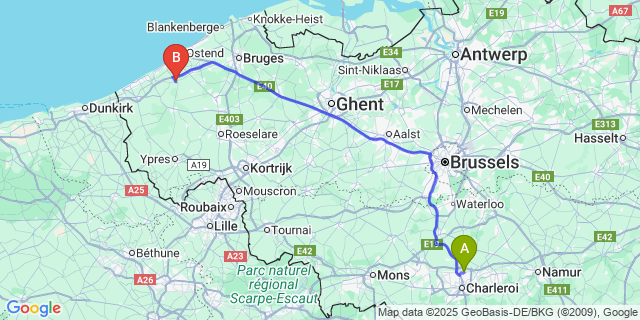 Map: Charleroi Airport Brussels South (CRL) to Sint-Pieters-Kapelle (West-Vlaanderen)