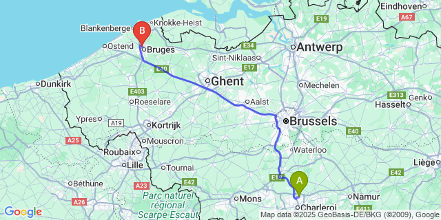 Map: Charleroi Airport Brussels South (CRL) to Sint-Pieters-Op-De-Dijk