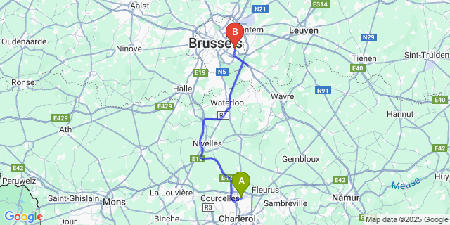 Map: Charleroi Airport Brussels South (CRL) to Sint-Pieters-Woluwe