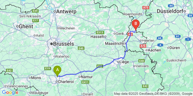 Map: Charleroi Airport Brussels South (CRL) to Sittard