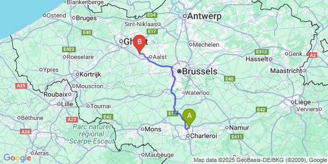 Map: Charleroi Airport Brussels South (CRL) to Smetlede