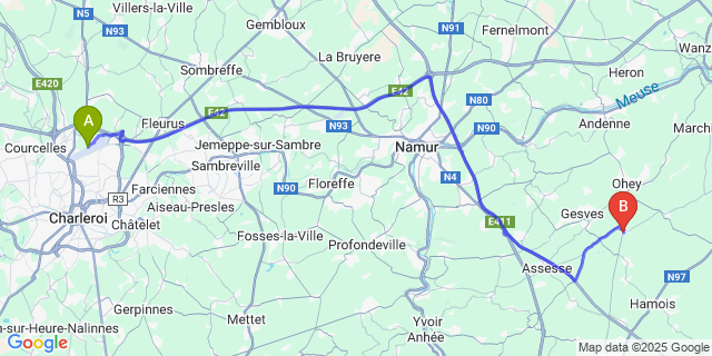 Map: Charleroi Airport Brussels South (CRL) to Sorée
