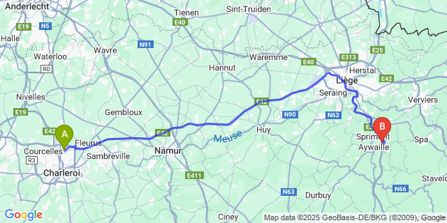 Map: Charleroi Airport Brussels South (CRL) to Sougné-Remouchamps