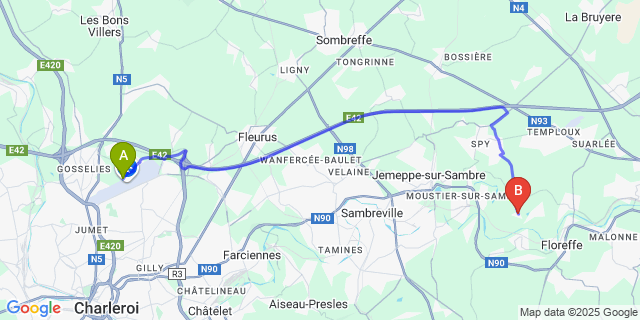 Map: Charleroi Airport Brussels South (CRL) to Soye