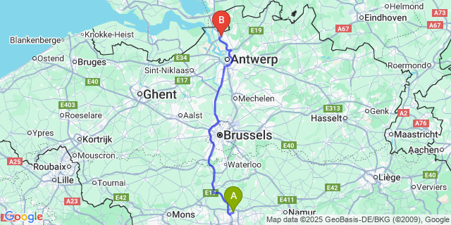 Map: Charleroi Airport Brussels South (CRL) to Stabroek
