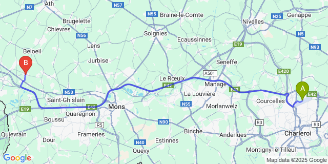 Map: Charleroi Airport Brussels South (CRL) to Stambruges