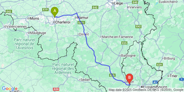 Map: Charleroi Airport Brussels South (CRL) to Sterpenich