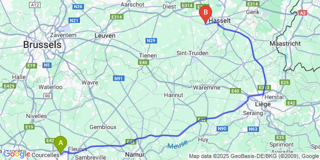 Map: Charleroi Airport Brussels South (CRL) to Stevoort