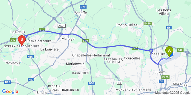 Map: Charleroi Airport Brussels South (CRL) to Strépy-Bracquegnies
