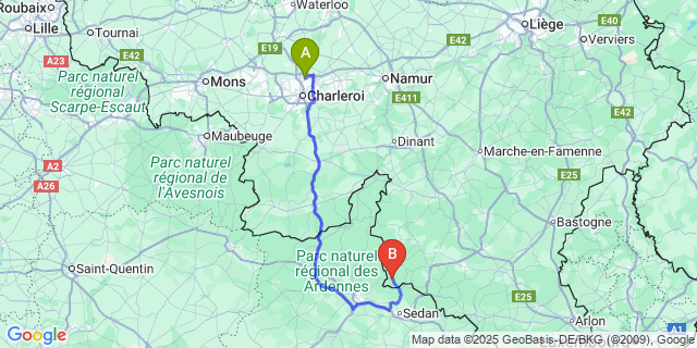 Map: Charleroi Airport Brussels South (CRL) to Sugny