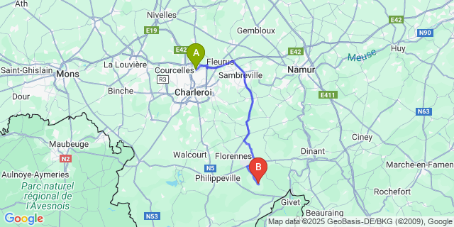 Map: Charleroi Airport Brussels South (CRL) to Surice
