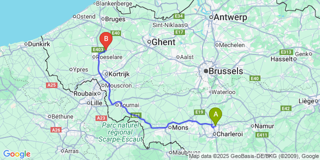 Map: Charleroi Airport Brussels South (CRL) to Talle