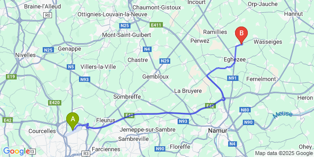 Map: Charleroi Airport Brussels South (CRL) to Taviers
