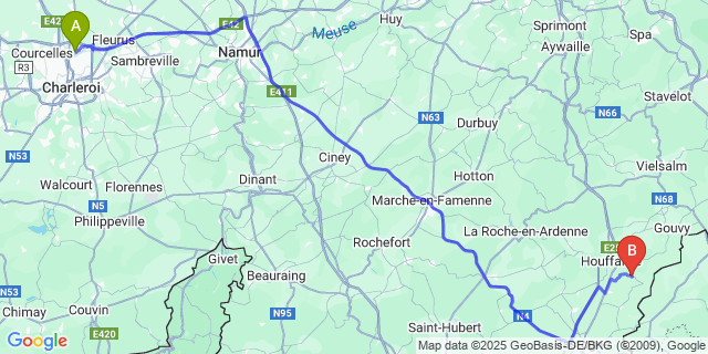 Map: Charleroi Airport Brussels South (CRL) to Tavigny