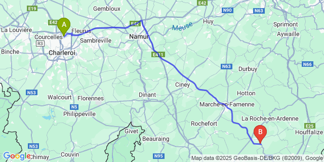 Map: Charleroi Airport Brussels South (CRL) to Tenneville