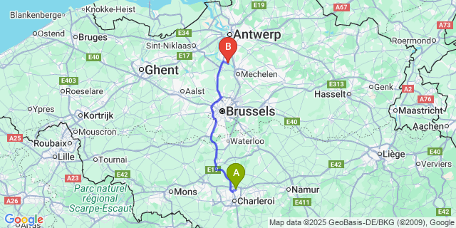 Map: Charleroi Airport Brussels South (CRL) to Terhaegen