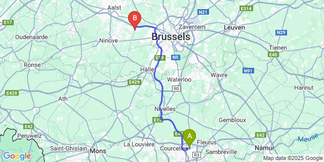 Map: Charleroi Airport Brussels South (CRL) to Ternat
