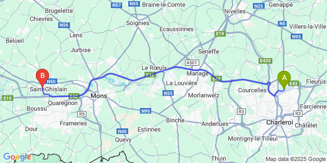 Map: Charleroi Airport Brussels South (CRL) to Tertre