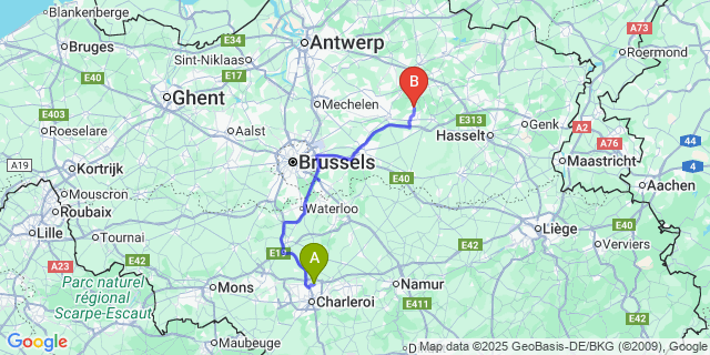 Map: Charleroi Airport Brussels South (CRL) to Testelt