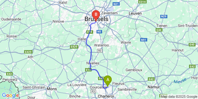 Map: Charleroi Airport Brussels South (CRL) to The Scott Hotel, Brussels