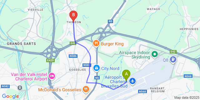 Map: Charleroi Airport Brussels South (CRL) to Thiméon