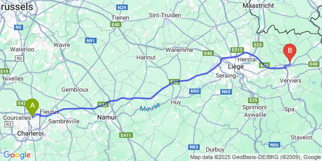 Map: Charleroi Airport Brussels South (CRL) to Thimister