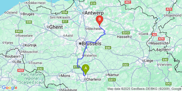 Map: Charleroi Airport Brussels South (CRL) to Thys