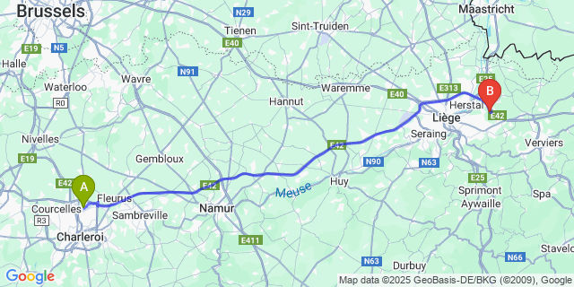 Map: Charleroi Airport Brussels South (CRL) to Tignée