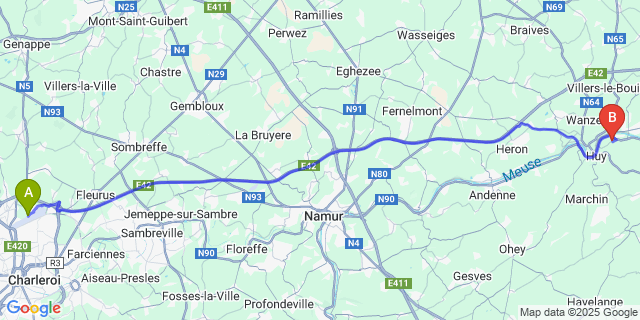 Map: Charleroi Airport Brussels South (CRL) to Tihange