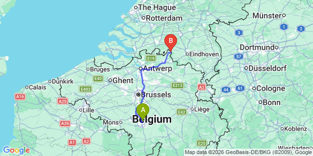 Map: Charleroi Airport Brussels South (CRL) to Tilburg