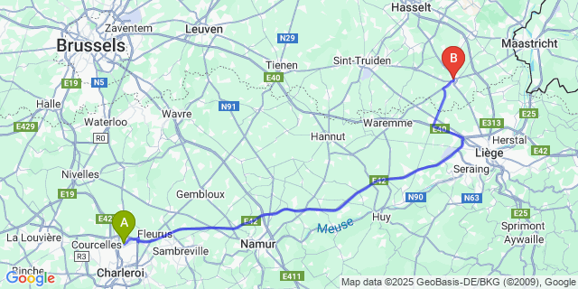 Map: Charleroi Airport Brussels South (CRL) to Tongeren