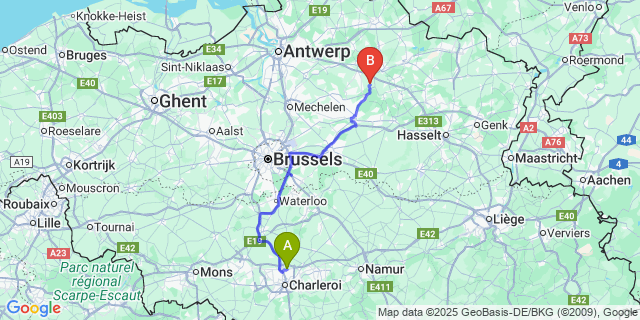 Map: Charleroi Airport Brussels South (CRL) to Tongerlo (-Bij-Geel)