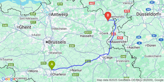Map: Charleroi Airport Brussels South (CRL) to Tongerlo (-Bij-Maaseik)