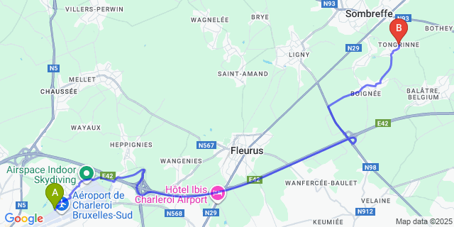 Map: Charleroi Airport Brussels South (CRL) to Tongrinne