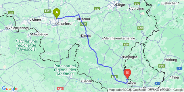 Map: Charleroi Airport Brussels South (CRL) to Tontelange