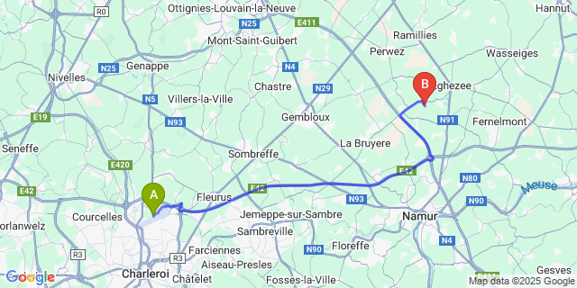 Map: Charleroi Airport Brussels South (CRL) to Upigny