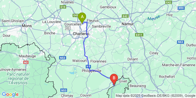 Map: Charleroi Airport Brussels South (CRL) to Vaucelles